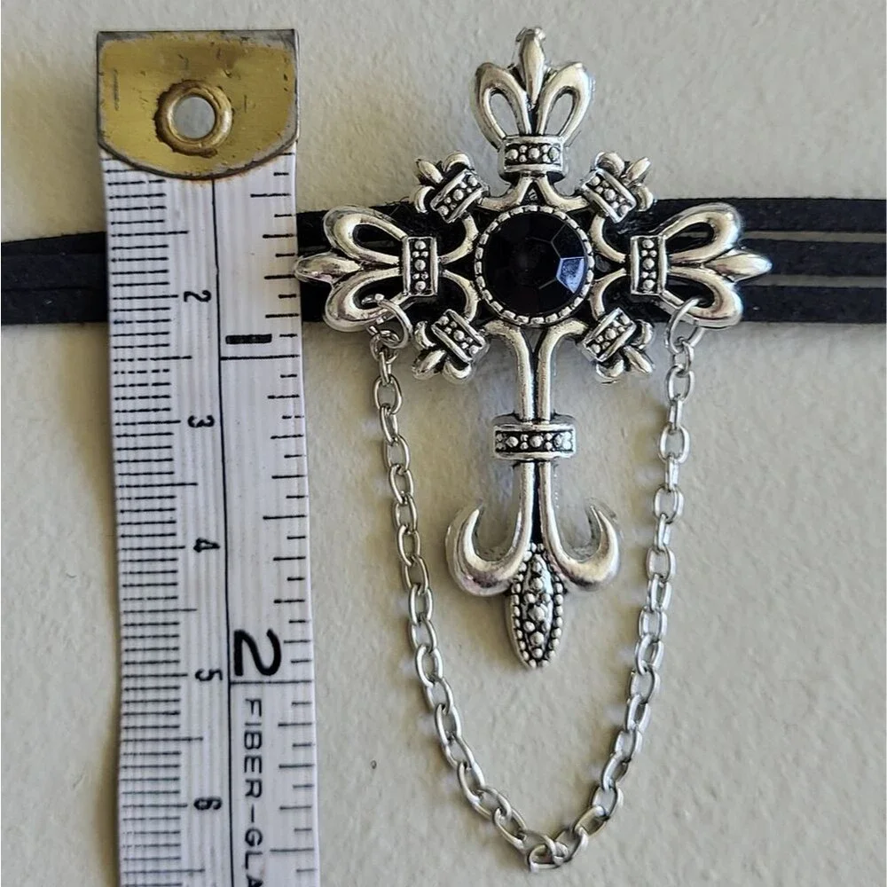 Gothic Silver Cross Choker – Black Multi-Strap with Black Crystal & Chain